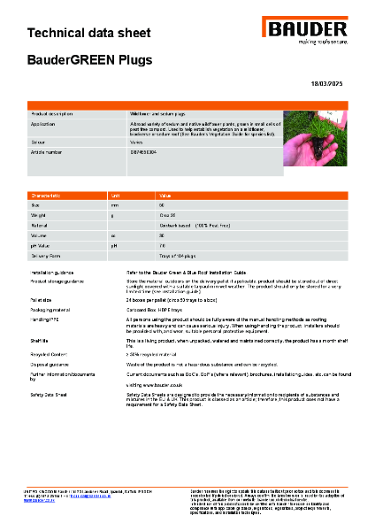 BauderGREEN Plugs - Technical Data Sheet (TDS)