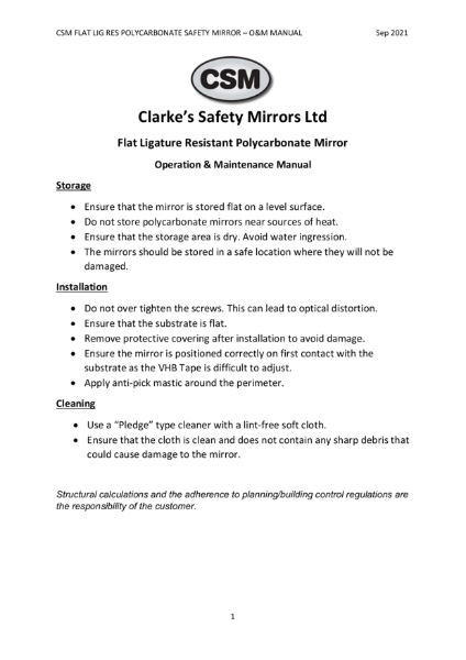 CSM Flat Ligature Resistant Polycarbonate Safety Mirror O&M Manual Rev01