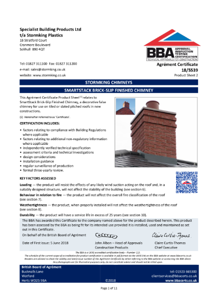 Stormking Chimneys, SmartStack Brick-Slip Finished Chimney - British Board of Agrément Certification