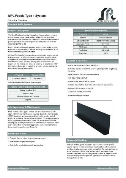 Metal Profiles - Fascia Type 1 System TDS