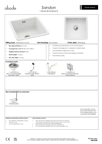 AW1030 Sandon. Ceramic Undermount & Inset Sink (1.0 Bowl) - Consumer Specification