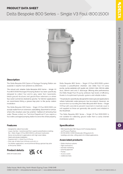 Delta 800 Bespoke 800 Series - Single V3 Foul 800.1500 Package Pump Station