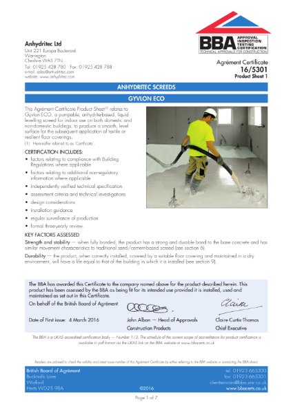 BBA certificate 16-5301 Anhydrite Screeds