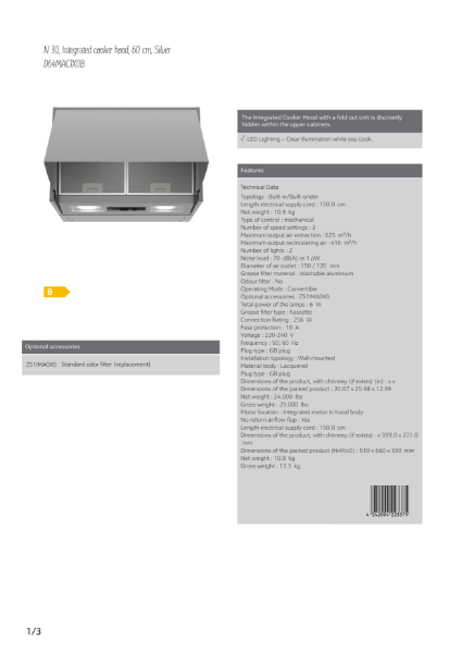 N 30, Integrated cooker hood, 60 cm, Silver
D64MAC1X0B