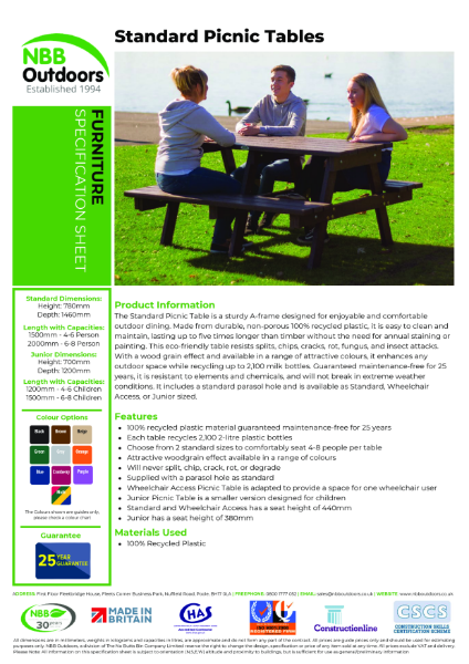 Standard Picnic Table – Product Data Sheet