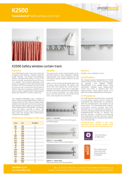 YewdaleKestrel® K2500 Safety window curtain track Data Sheet