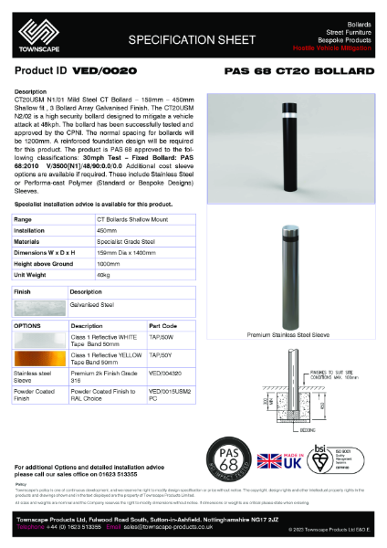 PAS 68 Bollard CT20 Specification Sheet VED0020