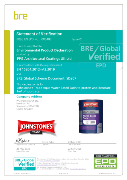 Environmental Product Declaration (EPD) BREG EN EPD No: 000483 Johnstone's Trade Aqua Water Based Satin