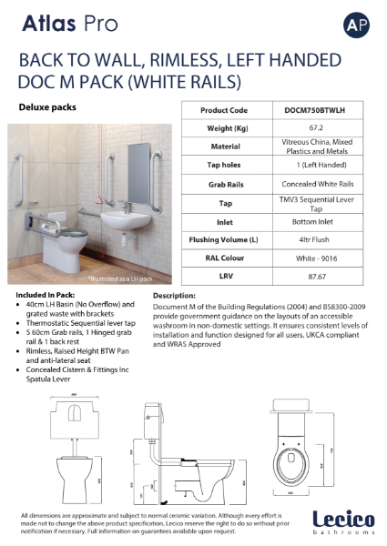 Atlas Pro Rimless DeLuxe Back to Wall DocM Pack Left Hand 40cm Basin White Rails Data Sheet