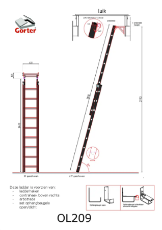 Gorter Ladder OL209 for Roof Hatch - max floor height 3770 mm – Technical 2D Drawing