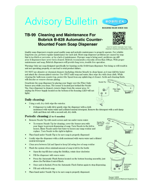 Advisory Bulletin - TB-99 Cleaning and Maintenance For Bobrick B-828 Automatic Counter-Mounted Soap Dispenser