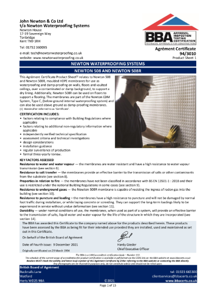 Newton CDM 508R - BBA Certificate - 94/3010