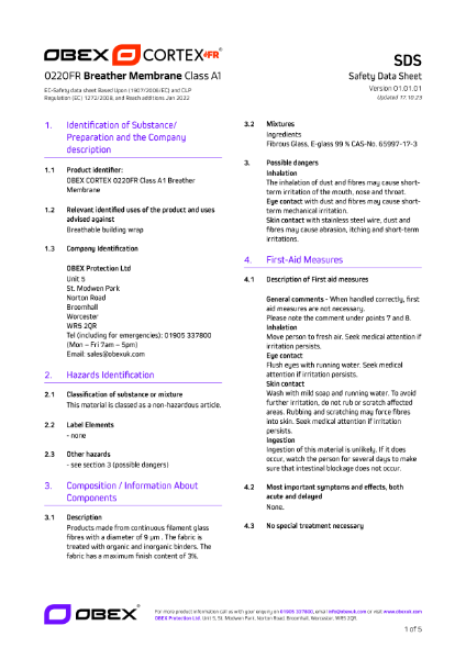 OBEX CORTEX 0220FR Class A1 Breather Membrane W2 - SDS