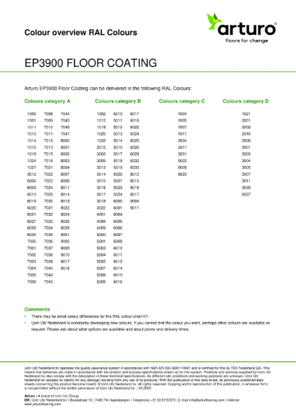 Arturo High-build Resin Floor and Internal Car Park Colour Chart