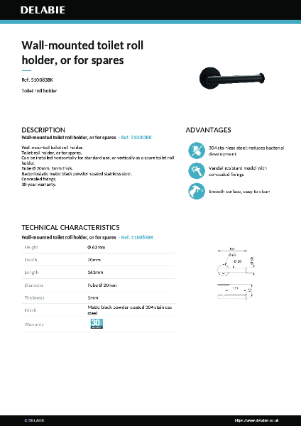 Wall-mounted toilet roll holder 510083BK data sheet