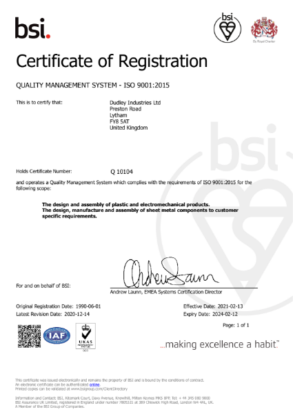 Dudley Industries ISO 9001:2015 Certificate