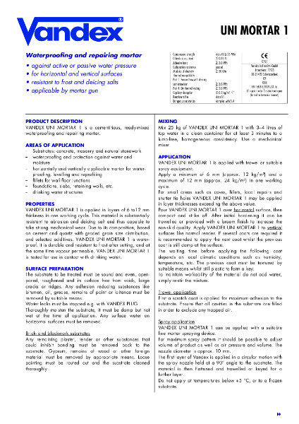 VANDEX Uni Mortar 1 - Product Data Sheet