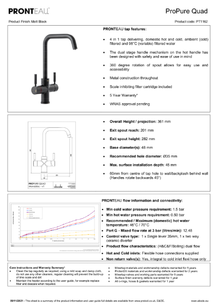 PT1162 PRONTEAU Propure Quad Spout (Matt Black), 4 in 1 Tap - Consumer Specification