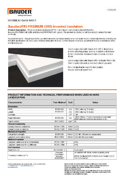 Bauder JFRI PREMIUM (300) Inverted Insulation - Technical Data Sheet