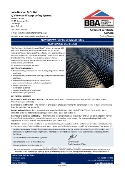 Newton CDM 508 eco Floor - BBA Certificate 94/3010