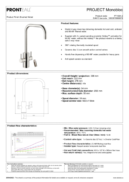 PT1004-2 Pronteau Project Monobloc (Brushed Nickel), 4 IN 1 Steaming Hot Water Tap - Consumer Specification
