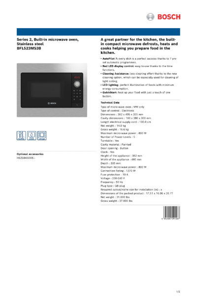 Series 2, Built-in microwave oven, Stainless steel BFL523MS3B