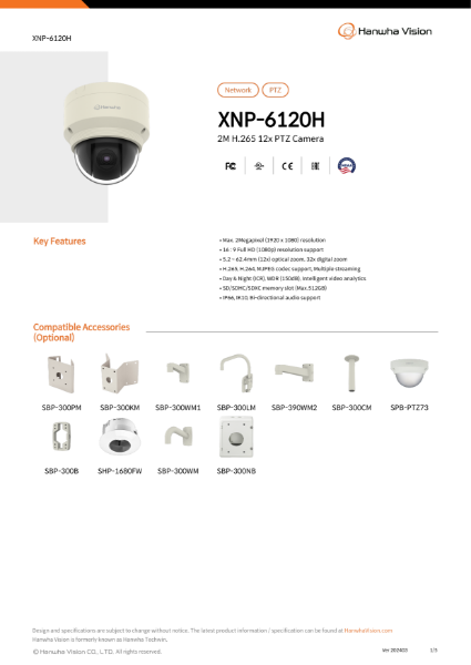 CCTV camera 2MP 12X PTZ (XNP-6120H) data sheet