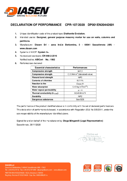 Diasen Diathonite Evolution Declaration of Performance (DOP) EN 998-2