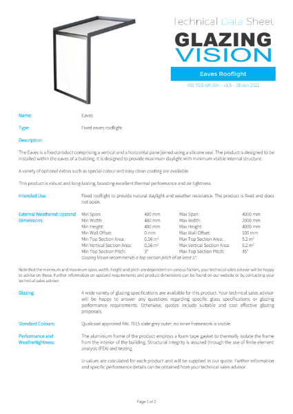 Flushglaze Eaves Rooflight Technical Data Sheet