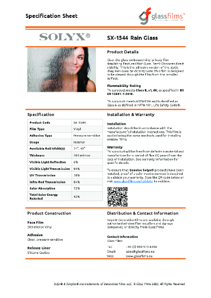 SX-1544 Rain Glass Specification Sheet