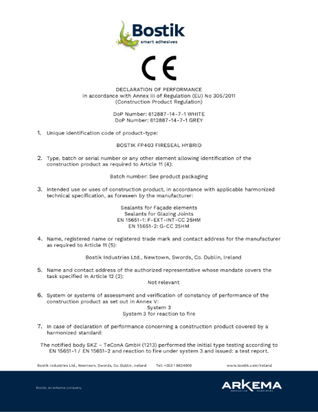 Bostik FP403 CE Declaration of Performance