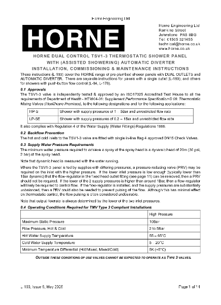 Instructions - Horne TSV1-3  with auto-divert Thermostatic Shower Panels