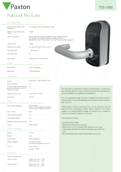 PaxLock, Euro, External - data sheet