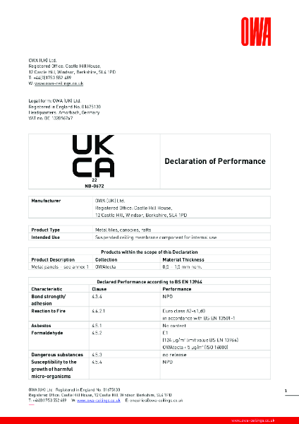 OWAtecta metal tiles and panels DoP - Level 3