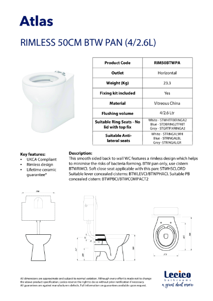 Atlas Rimless 500 Back-to-Wall or Close Coupled WC Pan (4/2.6L)