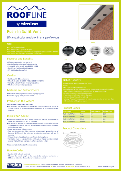 Timloc Building Products Push-In Soffit Vent Datasheet