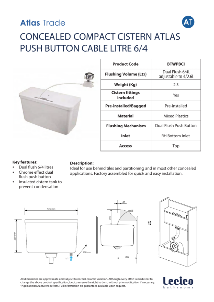 Atlas Trade Concealed Compact Cistern Atlas Push Button Cable Litre 6/4 Data Sheet