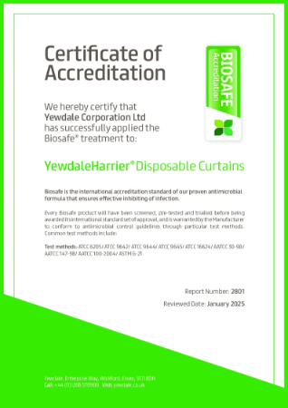 Durasafe durability certificate for YewdaleHarrier Disposable cubicle curtains