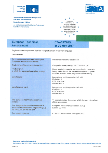 European Technical Assessment Wilotekt-Plus: ETA-03/0049