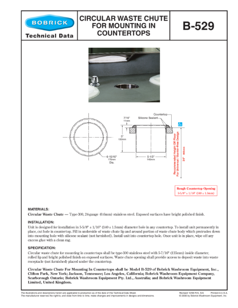 Circular Waste Chute for Mounting in Countertops - B-529