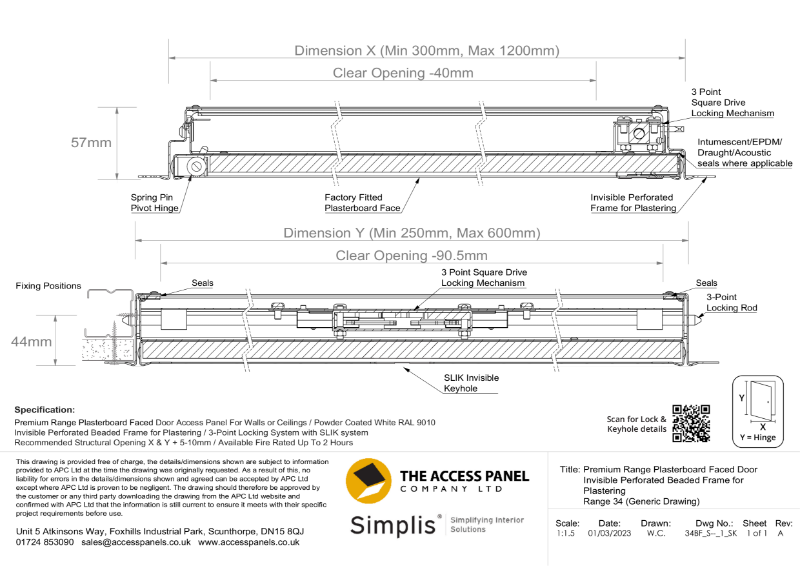Premium Range Plasterboard Faced Access Panel Technical Drawing