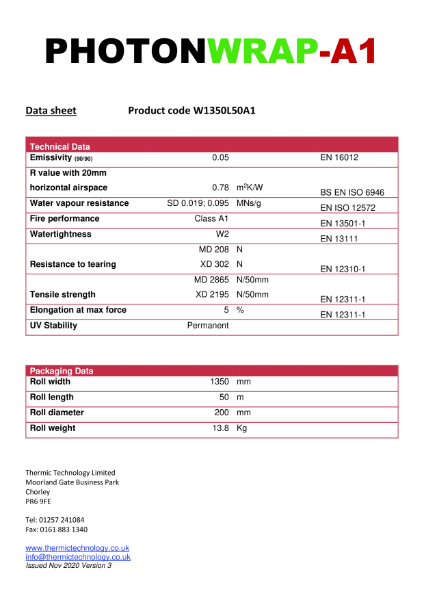 PhotonWrap-A1 (non-combustible) Technical Datasheet