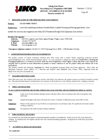 Material Safety Data Sheet (MSDS) - IKO Glass Fibre Tissue