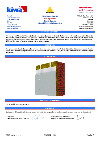 Wetherby Wall Systems InteriA Internal Wall Insulation System - KIWA BDA