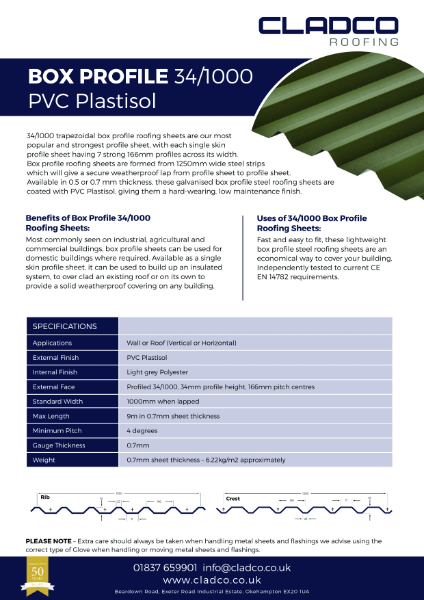 Cladco 34/1000 Box Profile Steel Roofing Data Sheet