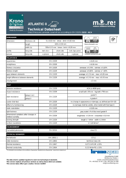 Krono Original Atlantic 8 Technical Datasheet