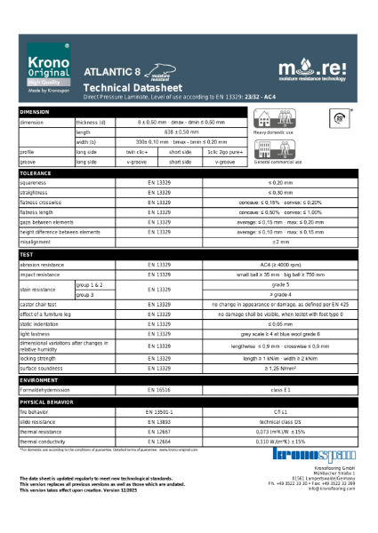 Krono Original Atlantic 8mm Tile Technical Datasheet