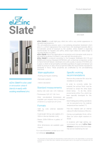 elZinc Slate Pre-patinated Zinc Datasheet