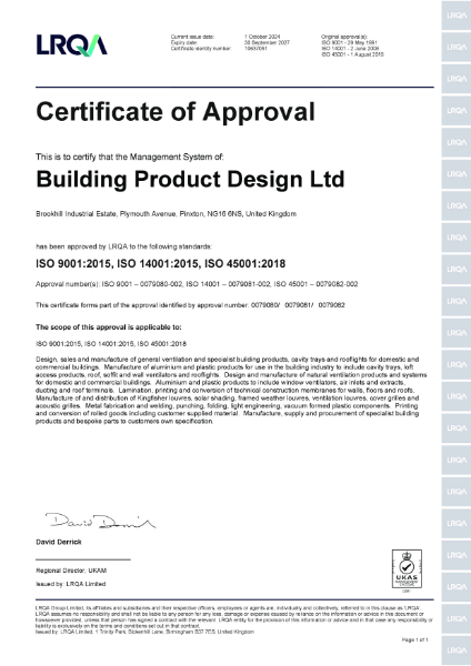 Building Product Design (Pinxton) ISO 9001 14001 OHSAS 18001