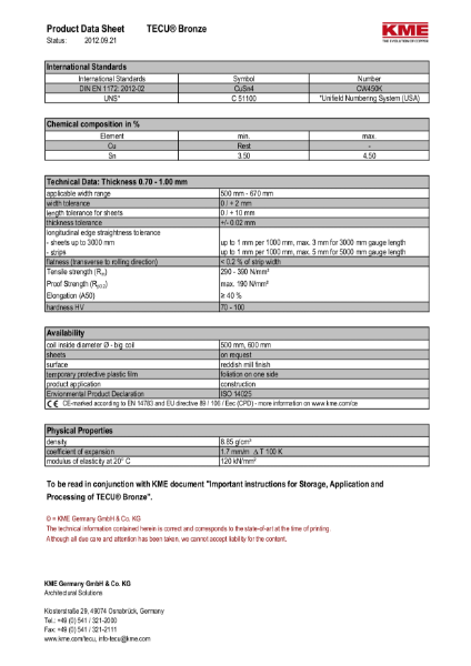 KME TECU Copper Bronze Datasheet